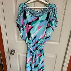 Jennifer Lopez Blue and Pink Geometric Midi Dress